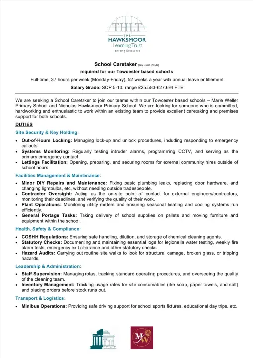 School Caretaker job in Towcester